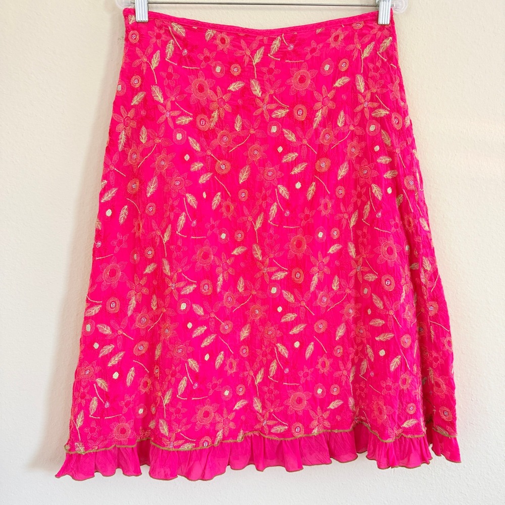 Johnny Was Hot Pink Embroidered A-Line Skirt Womens 4  Floral Ruffle Hem Boho